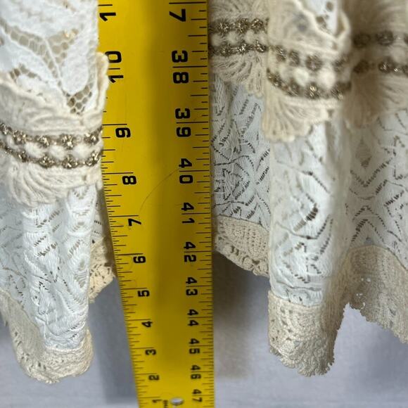 Via Veneto Midi Dress Women's Vintage Ivory Lace V-neck Flare Sleeves Boho Fairy - Picture 12 of 12